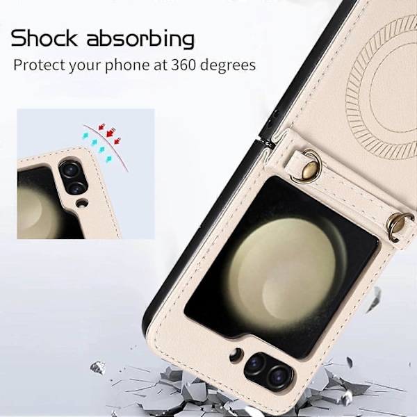 Magsafe Crossbody Læder Shockproof Etui til Samsung Galaxy Z Flip 6 med Aftagelig Rem Beige