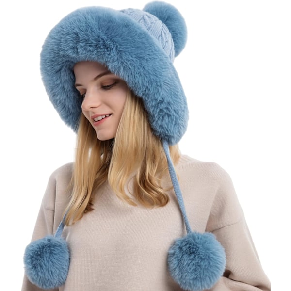 Dam vinter Peruvian öronbeklädnad Beanie Hat Öronklaffar Sherpa Skidmössa Stickad Fleecefodrad 3 Pom Blue One Size