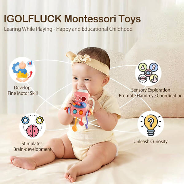 Baby Sensorisk Montessori Legetøj til 6-12-18 Måneders Babyer, Fødevaregodkendt Silikone Trækstreng Tandrelegetøj, Sensorisk Aktivitetslegetøj Bottle-Pink
