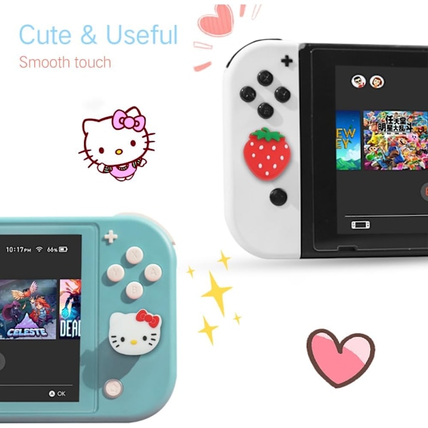 Switch tumgreppskåpor, söta kattunge joystick-kåpor för Nintendo Switch/Lite/Switch OLED, 4 st tumgreppsskydd, jordgubbe
