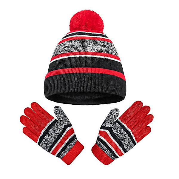 Handskar Tvådelad Set Vinter Fleecefodrad Varm Barn Femfingrade Stickade Kalltålig Brittisk Hatt Purplish red Average size