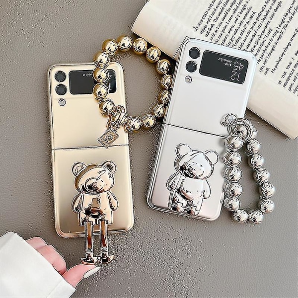 Plating 3d Glitter Bear Stand Case Kompatibel Samsung Galaxy Z Flip 4 Z Flip 3 med armbånd metalldeksel H Silver Z Flip 4