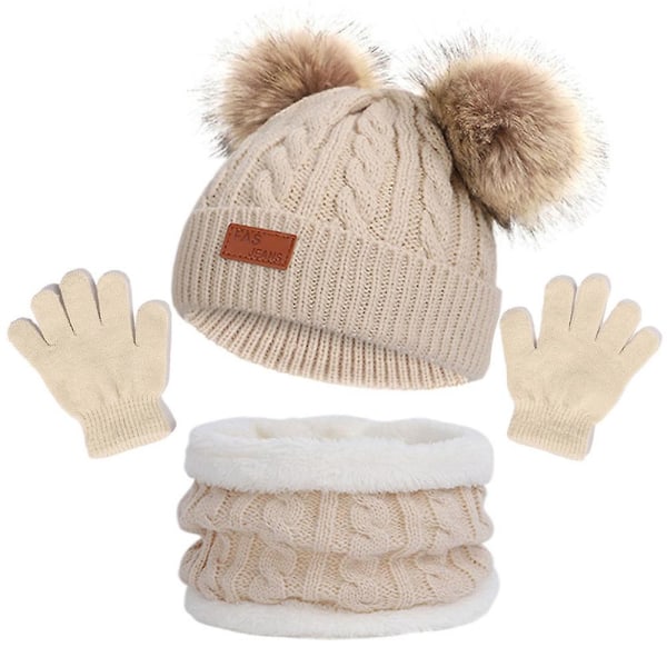 3 stk/sæt Børne Vinter Pompom Beanie Hat Halstørklæde Handsker Sæt Vinter varme gaver Beige