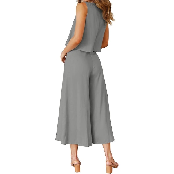 Roylamp Sommer-outfits til kvinder i 2 dele Rundhalset Crop Basic Top Beskåret Bukser med brede ben, Jumpsuits Gray Large