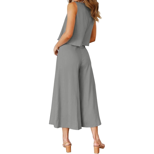 Roylamp Sommer-outfits til kvinder i 2 dele Rundhalset Crop Basic Top Beskåret Bukser med brede ben, Jumpsuits Gray X-Small