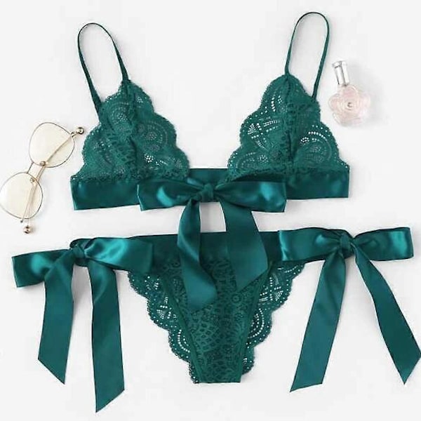 Dam Lace Lingerie Set Sexig Nattkläder Sleepwear BH + T-String Underkläder Dark Green M