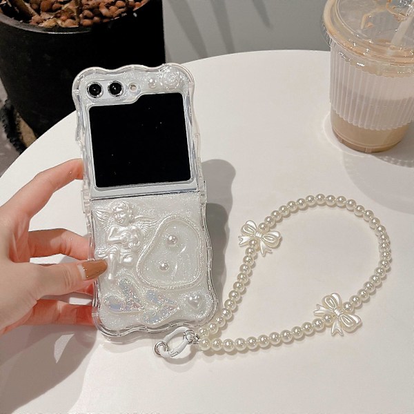 Kompatibelt Samsung Galaxy Z Flip 6-fodral, Smalt PC Sött Ängel Hjärta Båge Stötsäkert Skal med Armband för Kvinnor Flickor Style C For Galaxy Z Flip 6