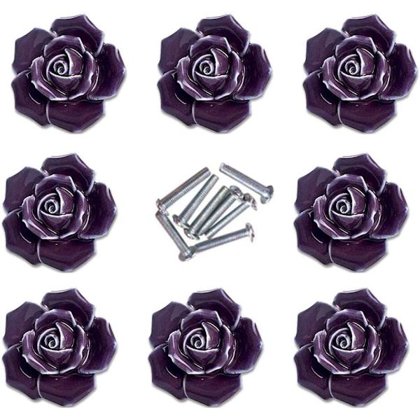 8 elegant purple roses pull floral ceramic cabinet knobs