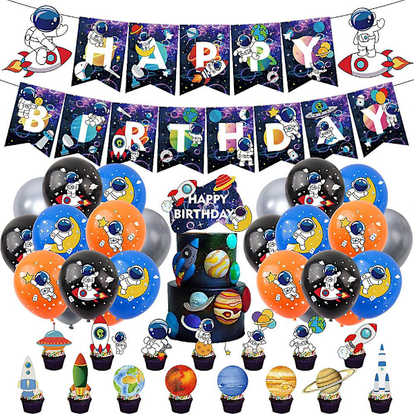 Astronaut Theme Happy Birthday Party Balloons Banner Cake Toppers Kit Decoration Accessories Gifts