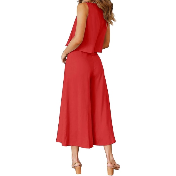 Roylamp Women's Summer 2-delade outfits Rundhalsad Crop Basic Top Beskuren Byxa Set med vida ben Jumpsuits Red Medium