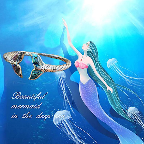 Abalone Shell ja Mermaid Tail Rannekoru säädettävä avoin käsiketju naisille Silver