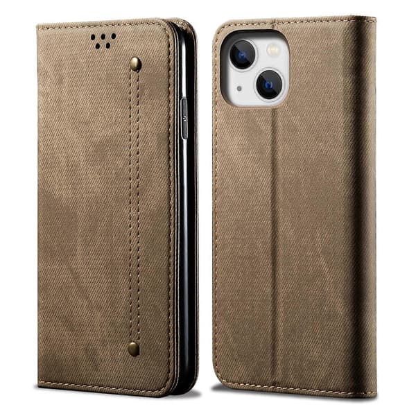 Denim Tekstur Casual Stil Læder Telefon Cover Til iPhone 14 Khaki