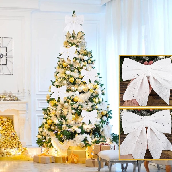 5st Julband Rosett 24cm Stor Storlek Julrosetter Band Flugor Ornament Juldekoration För Julgranar Presentinslagning Jul Tr White