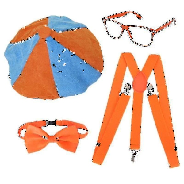 Blippi-asuun sopivat cosplay-asusteet, joilla voi pukeutua ja leikkiä - Mukana ikoninen oranssi rusetti, henkselit, hattu ja lasit