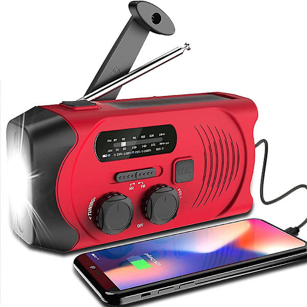 Solar Crank Radio - Usb Rechargeable - Emergency Radio With Power Bank, Led Flashlight (red)