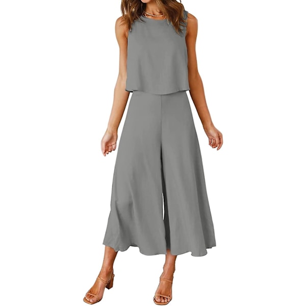 Roylamp Sommer-outfits til kvinder i 2 dele Rundhalset Crop Basic Top Beskåret Bukser med brede ben, Jumpsuits Gray Medium