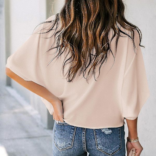 Ruched Toppar Dam V-hals Kort Batwing-ärm Lös Ren Färg Dam Casual Blus För Fest Kontor Resor Apricot XXL