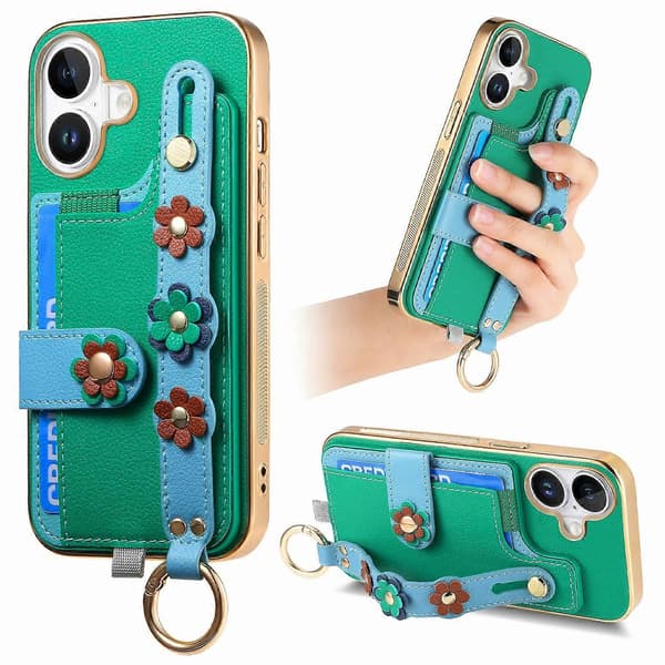 For iPhone 16 Plus Deksel Kortholder Lær Bakdeksel 3D Blomst Håndleddsrem- Multicolor Green