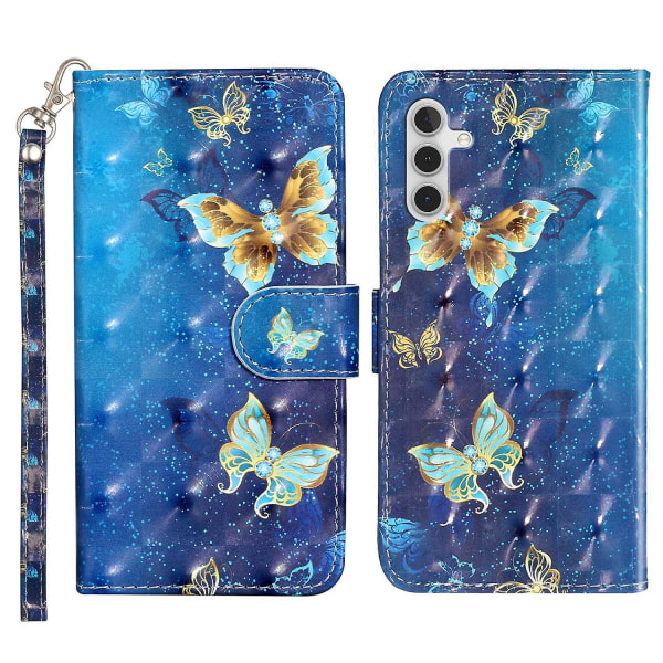 Telefonveske med 3D-mønsterutskrift for Samsung Galaxy A14 5G, anti-ripe PU lær lommebok Flip Cover Stativ med stropp Blue Gold Butterflies