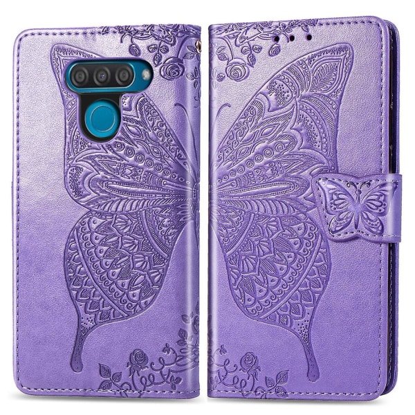 Butterfly Love Flowers Preging Horisontal Flip Lærveske For Lg Q60, Med Holder & Kort & & Light purple