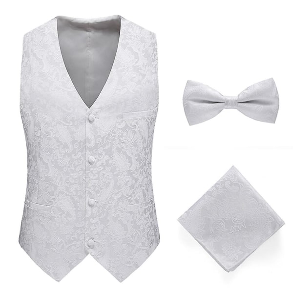 Sliktta Herr 3Pce Paisley Dress Vest och fluga Set och Pocket Square White M