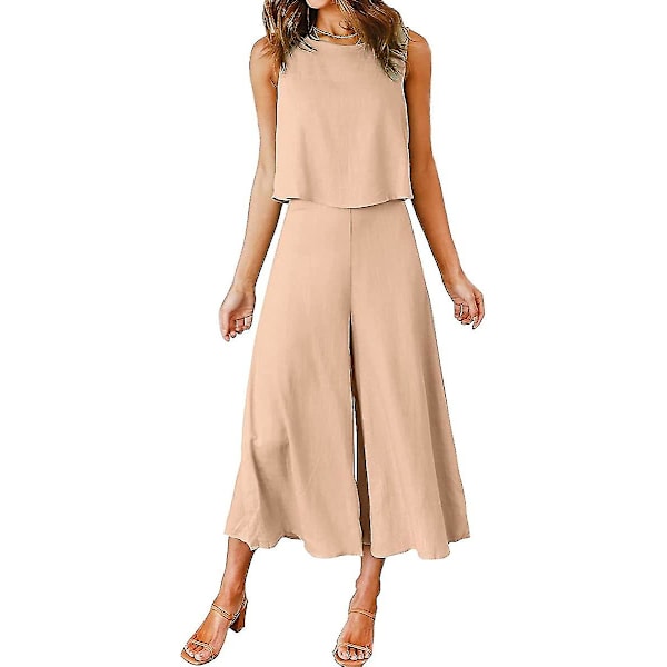 Roylamp Sommer-outfits til kvinder i 2 dele Rundhalset Crop Basic Top Beskåret Bukser med brede ben, Jumpsuits Khaki X-Small