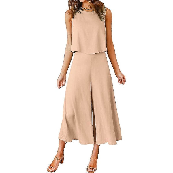 Roylamp sommerantrekk for kvinner i 2 deler Rundhalset Crop Basic Topp Beskåret buksesett med brede ben, Jumpsuits Khaki Small