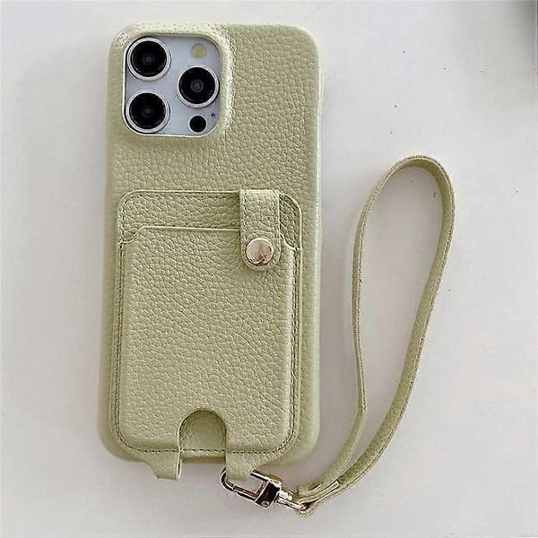 Fodral för iPhone 16 Pro Max, multifunktionella kortfack, läderbaksida med handledsrem Green