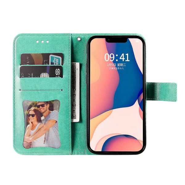 För iPhone 14 Plus 7-bladiga Blommor Prägling Läderfodral Green