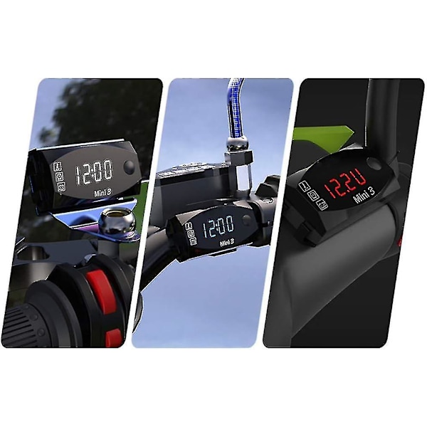 Mini 12v Bil Digital Voltmeter Gauge, 3 i 1 Universal Elektronisk Motorcykel Elektronisk Ur Termometer Voltmeter Ur Display White