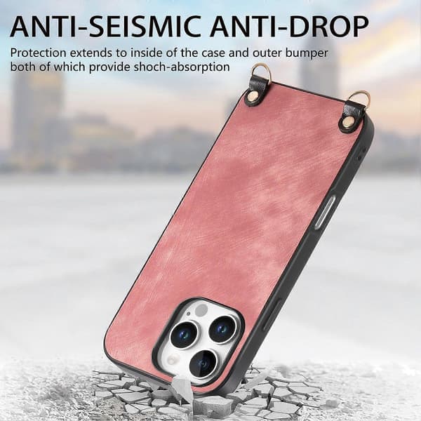 Retro skinndeksel til iPhone 16 Pro med justerbar stropp Pink