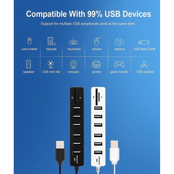 USB keskitin 6-portin laajennussovitin USB 2.0 -keskitin Multi USB jakaja 2.0-keskitin Usb-keskitin Sd/tf-kortinlukija Fo Black