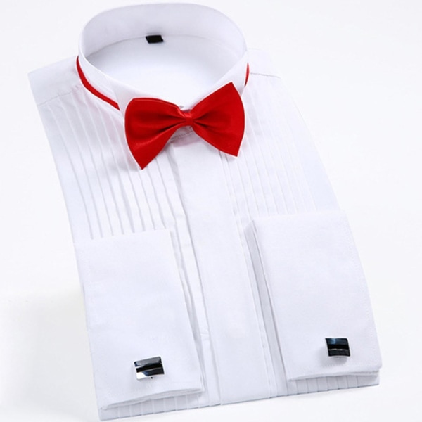 Bröllopssmokingskjorta Vingespetskrage med fluga Plisserad skjorta Manschettknappar Långärmad Vanlig topp för män White 38