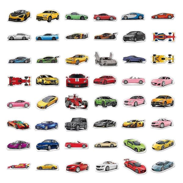 50 sarjakuva-auto tarraa