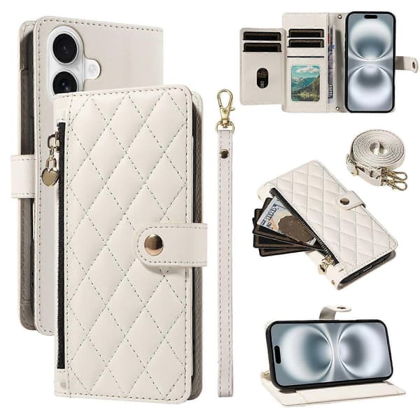 Plånboksfodral med remmar för iPhone 16, Rombmönstrat läderfodral med stativ White White