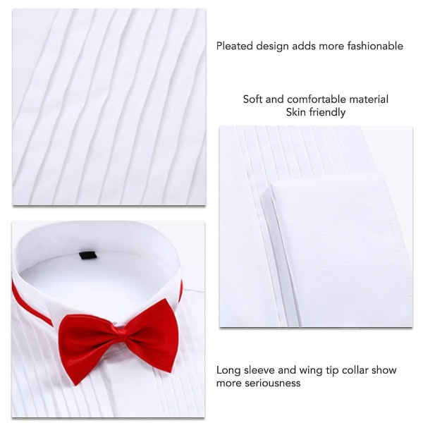 Bryllupssmokingskjorte Vingetuppkrage med sløyfe Plisseret skjorte Mansjettknapper Langermet vanlig topp for menn White 42