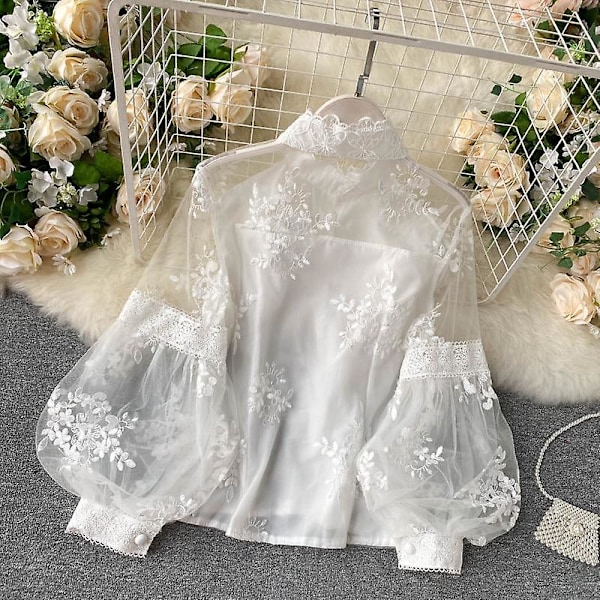 Syksyn Uusi Ranskalaistyylinen Vintage Paksu Verkko Pitsi Kolmiulotteinen Kirjonta Blousit Naiset Puff Hiha Keiju Paita Yläosa Valkoinen White