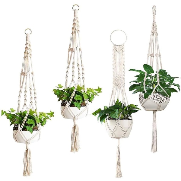 Macrame växthängare, set med 4 hängande planteringskar inomhus, handgjord hållare för hängande växter - 43 tum, 4 ben
