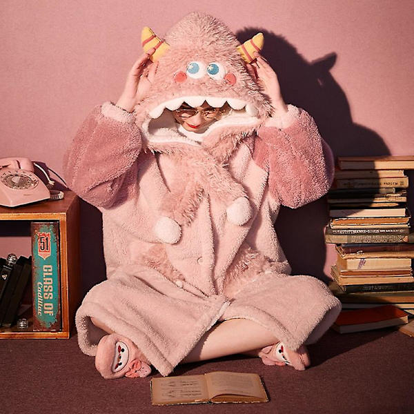 Höst-Vinter Dam Lösa Flanell Morgonrockar Klänningar Nattkläder Korall Fleece Pyjamas Klänning Söt Cartoon Monster Plysch Nattklänning blue pants S
