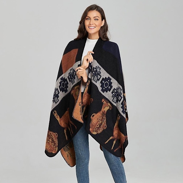Vintage Varm Vinter Sjal Wrap Åben Front Poncho Cashmere Følelse Cape Til Kvinder
