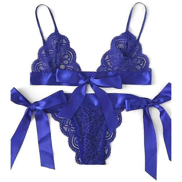 Dam Lace Lingerie Set Sexig Nattkläder Sleepwear BH + T-String Underkläder Blue L