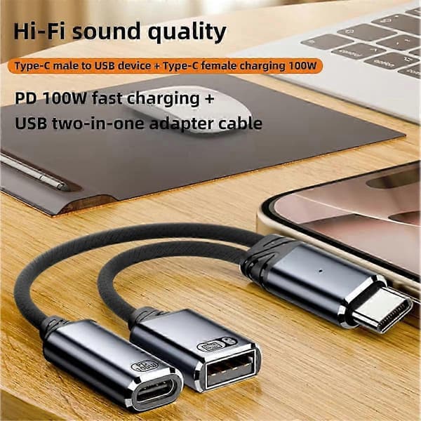 2-i-1 USB-C OTG-kabel med strömförsörjning och datasynkronisering, grå