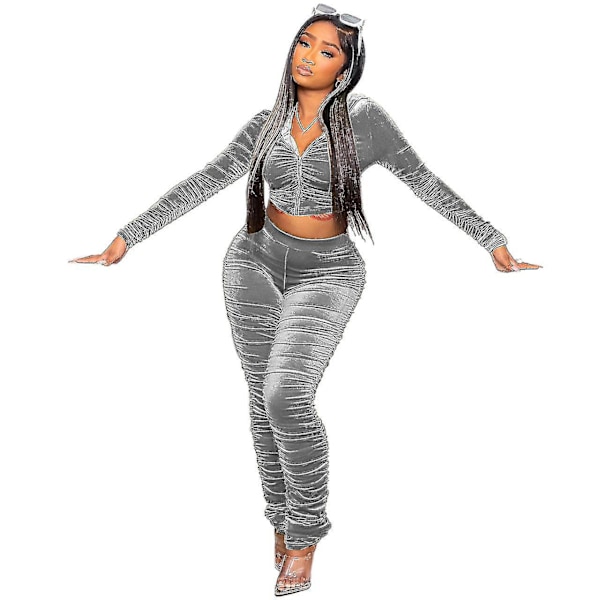 Naisten Sametti Tracksuit Set Seksikäs 2-osainen Asuste Vetoketjullinen Huppari Grey M