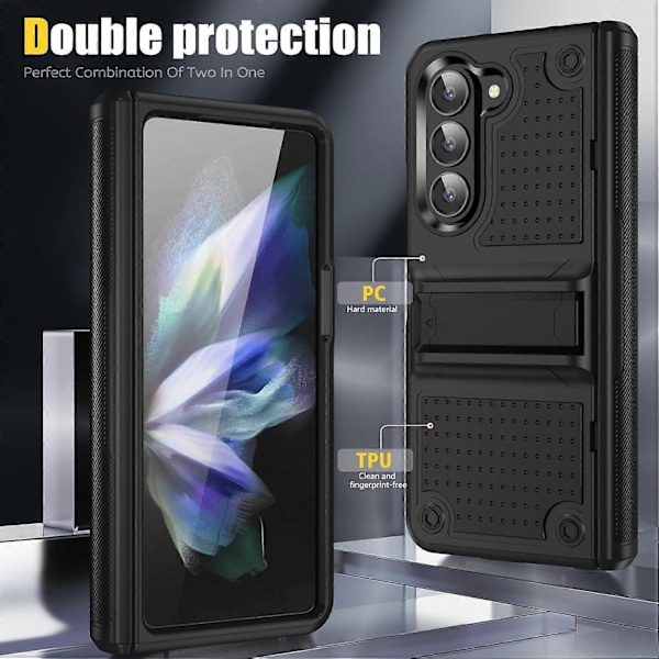Fodral för Samsung Galaxy Z Fold 6 med Stativ, Stötsäkert 2-i-1 Silikon Gummi med Hård PC Robust Helkroppsfodral för Z Fold 6 Black For Galaxy Z Fold 6