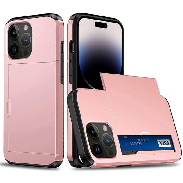 Iskunkestävä Armor-korttipaikkakotelo iPhone 14 Pro Maxille Rose Gold