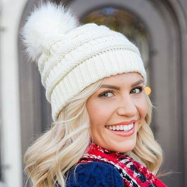 Fasjonable retro hodeplagg dame ensfarget ullball strikket lue white