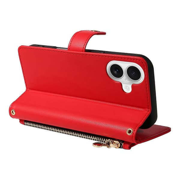 For iPhone 16 Wallet Case med stropper, Rhombus Læder Stand Telefon Cover Red Red