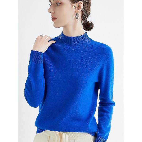 Cashmere tröja för kvinnor 100 % Cashmere Lätt långärmad stickad tröja med rund hals Klein Blue L