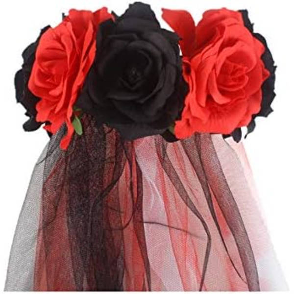 Halloween Gotisk Blomstergirland med Svart Slöja Hårband Cosplay Bröllop Huvudbonad Kostym Huvudbonad Tillbehör Red/Long Veil