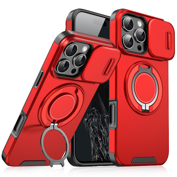 Magnetiskt ringstativskal för iPhone 15 Pro Max med skjutbart linsskydd, orange